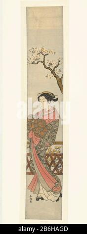 Cortigiana sotto albero in fiore Courtisane in kimono incontrato patroon van witte bloemetjes, paraderend onder boom incontrato bloesem; bij hekje Foto Stock