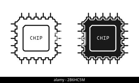 Icona chip. Chip di un dispositivo elettronico. Contorno vuoto e riempito. Design semplice e piatto Illustrazione Vettoriale