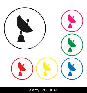Set di icone a colori per la parabola satellitare. Semplice design piatto per siti Web e applicazioni Illustrazione Vettoriale