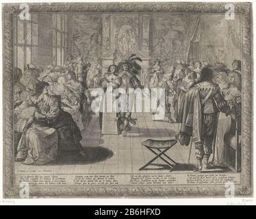 Ballando uomo e donna in una palla interno con elegante partito, vestito in francese Court Fashions di circa 1634. La musica di un violo due violini e una coppia danzante nella navata. L'uomo indossa un cappello con un'ampia brima e grandi molle. Ciò include i capelli ricci giù alle sue spalle, da un lato in una cadenette 'Dove: Legato in un nastro. Sul doppietto riccamente decorato con rifili, un largo lato a colletto piatto. All'agente una rangée d'aiguillettes. Camicia con maniche aperte che lo rende visibile. Culottes galonnées, appena sotto il ginocchio buttato con un foltante di rospo. Scarpe con rosetta grande (t Foto Stock