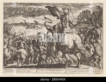 Little David uccise il gigante Goliath. Altri soldati a guardare. Titolo e didascalia in latino nell'ondermarge. Produttore : stampatore Antonio Tempesta (edificio listato) Editore: Nicolaus van Aelst Concedente di privilegio: Papal hofopgedragen a: Cosimo II de'Medici di Antonio Tempesta Fabbricazione Luogo: Stampatore: Italia Editore: Roma fornitore di privilegio Roma Dedicato all'Italia Commissionato da: Italia Data: 1613 caratteristiche Fisiche: Acquaforte materiale: Tecnica carta: Incisione dimensioni: Bordo della piastra: H 204 mm × W 288 mmToelichtingReeks di 24 stampe (+ frontespiece) con Antico Testamento Foto Stock