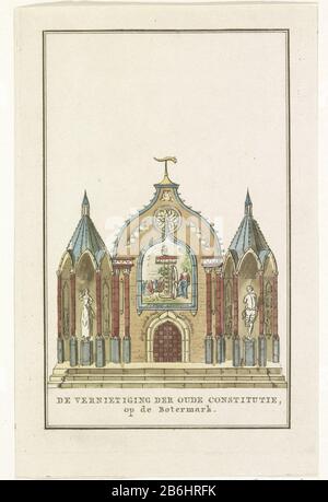 La Distruzione della vecchia Costituzione decorazione sul mercato Del Burro, 1795 Distruzione della vecchia Costituzione Botermarkt (oggetto del titolo) la vecchia Costituzione allegorica decorazione Distruzione fondata nel mercato Del Burro ad Amsterdam. Dal libro con immagini delle decorazioni create in città per celebrare l'installazione dei rappresentanti e l'alleanza conclusa tra i francesi e la Repubblica Batava, il 19 giugno 1795. La stampa appartiene a una pagina libera uitleg. Produttore : printmaker : Noach van der Meer (II) è (possibilmente) Luogo di produzione: The Netherlands Data: 1795 Ph Foto Stock