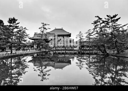 Complesso di tempio Todai-ji nella città di Nara in Giappone intorno ancora stagno di pesci che riflette edifici e pini. Foto Stock