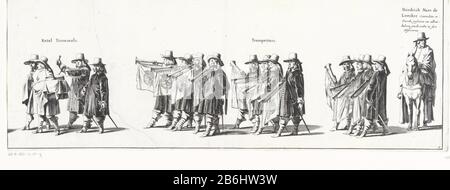 La processione funeraria di Frederik Hendrik (foglio 9), 1647 la processione funeraria del governatore Frederick Henry, 's-Gravenhage nel 1647 (titolo della serie) il funerale dello statutario Frederick Henry all'Aia il 10 maggio 1647. Piatto 9. Con una parte della processione con trombettieri e cavaliere, sopra il popolo è la loro funzione. Parte di una serie di 30 fogli e 20 fogli di testo, destinati a adorare. Produttore aderito a vicenda: Print maker: Pieter Nolpenaar disegno di: Pieter Jansz. Post Editore: Pieter Jansz. Post Editore: Nicolaes Ravesteyn Concedente di privilegio: Stati dell'Olanda Foto Stock