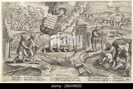 Paesaggio Dove: In figure allegoriche ed elementi di immagine formano un rebus. A sinistra, un camino in cui l'anno 1579, prendendo due pastori ciechi in cielo, Dio Padre con le tabelle di legge. Al centro due orsi, uno per una porta rotta, uno stolto quando heit e destra due lupi che tosano le pecore. Sullo sfondo la popolazione è terrorizzata. Il quadro è un attacco all'incapacità del governo del paese di proteggere i suoi cittadini. Nella didascalia sol il rebus in tre versi di ciascuna delle due linee in olandese, francese e Duits. Produttore : stampatore Antonie Chi: Rix (II) (edificio elencato Foto Stock