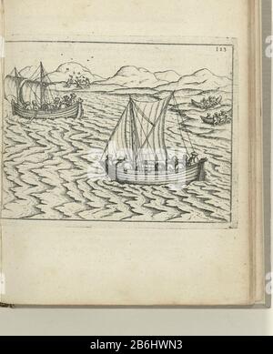 Le barche sono lanciate, nel 1597 Dopo che gli uomini trascinarono le barche attraversano l'isola, lasciano di nuovo ad annaffiare le barche. A pagina 123 in 'Relazione Warhafftige. Der Dreyen Newen unerhörten seltzamen Schiffart così che Holländischen Seeländischen und Schiff .... Anno 1594, 1595 e 1596 fatti'(1598). Produttore : stampatore: Anonimo al disegno: Gerrit de Veer (possibile) editore: Levinus Hulsiusdrukker: Christoff LochnerPlats fabbricante : Norimberga Data: 1598 caratteristiche Fisiche: Materiale dell'automobile: Tecnica della carta: Engra (processo di stampa) dimensioni: Bordo della lastra: H 105 mm × W 145 mm Oggetto: NOR Foto Stock