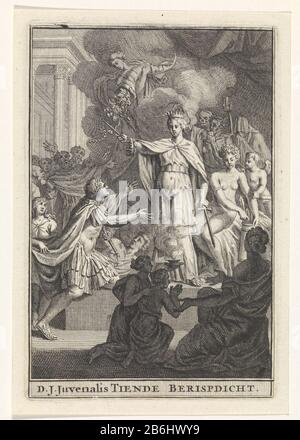 Il poeta Juvenal si inginocchia per Melpomene, la musa della tragedia. Sfondo destro Venere e Cupido, Morte, invidia e una donna velata. Dal cielo una donna rotola il contenuto di una cornucopia sul poeta. Spettatori che guardano. Nel margine del titolo nella Nederlands. Produttore : stampatore: Bernard Picart (possibile) Luogo di produzione: Amsterdam Data: 1711 caratteristiche Fisiche: Acquaforte e engra materiale: Carta Tecnica: Acquaforte / engra (processo di stampa) Misure: Bordo della lastra: H 133 mm × b 88 mmToelichtingTitelpagina per: D. Junius Juvenalis. Satyra X, o decimo berispht. Amsterdam: Foto Stock
