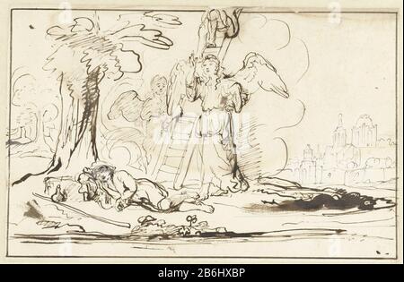 Storie della Bibbia da sogno di Jacob per l'album di Mathias Balen (titolo della serie) The Dream of Jacob Stories for album of Mathias Balen (titolo della serie) Property Type: Drawing Serial: / 12Objectnummer: RP-T 1957-160 Manufacturer : artist: Nicolaes Maes Date: 1650 - 1660 Physical features: Penna reed in marrone , pennello in marrone, bianco dekverf Materiale: Carta finitura vernice inchiostro Tecnica: Penna / pennello dimensioni: H 206 mm × W 318 mmToelichtingAfkomstig album di Matthijs balle di disegni sciolti di Nicolaes Maes. Oggetto: Il sogno di Giacobbe: Mentre dormi a terra con una pietra per il cuscino Giacobbe vede Foto Stock