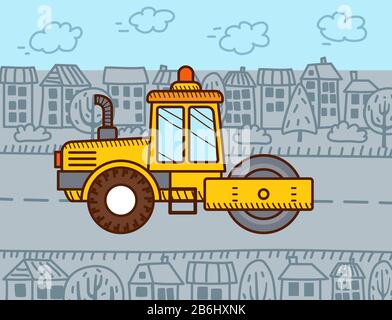 Rullo stradale in città. Macchinari da costruzione. Rullo A Vapore. Illustrazione Vettoriale