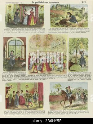 La storia di Asschepoester (oggetto del titolo) le stampe di Meijer (oggetto del titolo della serie) foglia con sette scene dalla fiaba di Cenerentola. Sotto ogni mostra una didascalia. Numerato in alto a destra: N. 15. Produttore : Editore: De Ruyter & Meijer Stampa autore: Anonimo luogo fabbricazione: Amsterdam Data: 1873 caratteristiche Fisiche: Litografia a colori in giallo, blu, verde, marrone e rosso; materiale per la stampa di testo: Tecnica della carta: Litografia a colori (processo) / formati di stampa: Foglio: H 430 mm × W 342 mm Oggetto: Racconti e fiabe (CON TITOLO) Foto Stock