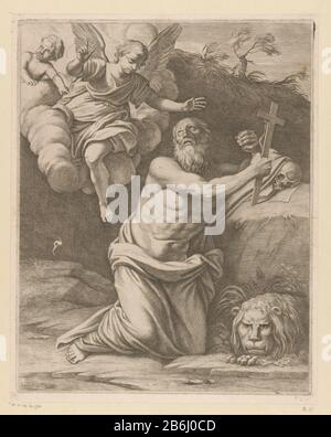 Il santo Hieronymus nel deserto UN angelo e putti appaiono a San Girolamo. Hieronymus si inginocchia nel deserto con un crocifisso in mano. Davanti a lui si trova un euw. Produttore : stampatore Pietro del po (proprietà in elenco) a dipingere: Domenichino (proprietà in elenco) Luogo produzione: Italia Data: 1620 - 1692 caratteristiche Fisiche: Engra e materiale di incisione: Carta Tecnica: Engra (processo di stampa) / dimensioni di incisione: Bordo della lastra: H 429 mm × W 341 mmToelichtingNaar un dipinto di Domenichino nella collezione di Denis Mahon a Londen. Oggetto: Il monaco e eremita Jerome (Hieronymus); possibile attr Foto Stock