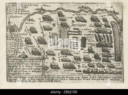 Il Duca d'Angiò cerca, dopo il soccorso di Cambrai, il Duca di Parma per provocare uno scontro, nel 1581 Il Duca d'Angiò cerca, dopo il soccorso di Cambrai il Duca di Parma per prendere un richiamo, il 18 agosto 1581. Ordine di Marte delle truppe d'Angiò a Cambrai. Lasciate le leggende A-D e 1-9 e lasciate sotto un cartouche con testo in francese, nella firma tre righe in olandese. Assegnato e non stampato su achterzijde. Produttore : produttore di stampe: Anonymous location produzione: Olanda Data: 1610 - 1624 caratteristiche Fisiche: Materiale di incisione: Carta Tecnica: Dimensioni di incisione: Bordo della lastra: H 114 mm × W. Foto Stock