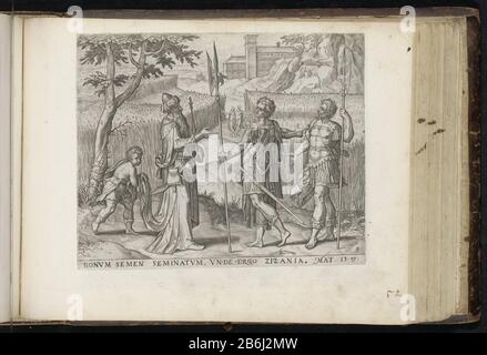 Il padrone di casa ispeziona i campi Leeringhe Iesu di Gelyckenissen (titolo della serie) Parabola del seminatore (titolo della serie) il Grande Figuer-Bibel (titolo della serie) i servi, entrambi con un albo in mano, chiedono al padrone di casa se le erbacce tra il grano devono Chi: Den. Il padrone di casa risponde che il grano e continuare a coltivare le erbacce fino alla raccolta. Un ragazzo tiene l'abito del padrone di casa. Tra le performance di riferimento in latino alla Bibbia in Matt. 13:27. Questa stampa fa parte di un album. Produttore : Stampatore Pieter Jalhea Furniusnaar Design: Gerard Van Groeningen Editore: Claes Jansz. Vissche Foto Stock