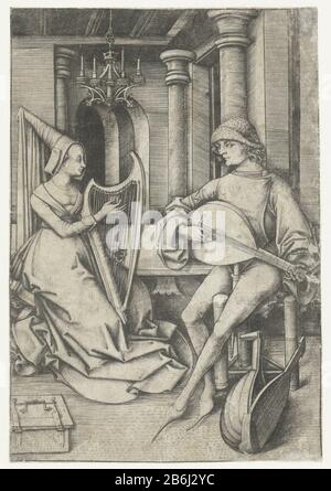 In una stanza giù una signora e un Signore si oppose: La signora gioca una arpa gotica, sig. Liuto. Una scrigno aperta giaceva a terra. Sul soffitto un lampadario con candele. Entrambi i musicisti sono vestiti secondo la modalità di circa 1475-1485. Questa stampa fa parte di una serie di dodici stampe di un uomo e di una donna con scene di vita quotidiana, sei interni e sei buitenshuis. Produttore : stampatore: Israhel of enemPlats fabbricante: Bocholt (Germania) Data: 1475 - 1503 caratteristiche Fisiche: Materiale per auto : carta Tecnica: Engra (processo di stampa) Misure: Foglio: H 159 mm × W 110 mm Subjec Foto Stock