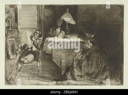 La Sala Musica la Sala Musica Tre persone in una stanza intorno a un tavolo con una lampada. Destra Deborah Delano leggendo un libro, il chirurgo Confetture Reeves Traer anche con un libro, e ha lasciato Francis Seymour Haden giornale lezend. Produttore : stampatore James Abbott McNeill Whistlernaar proprio disegno: James Abbott McNeill WhistlerPlats prodotto: Inghilterra Data: 1858 - 1859 caratteristiche Fisiche: Materiale di incisione: Tecnica della carta: Dimensioni di incisione: Bordo della piastra: H 145 mm × W 215 mmToelichtingJames Reenves Trear era il partner di Seymour Haden ma è morto giovane. Durante l'organizzazione del funerale impeach Whistler Seymour Haden Foto Stock