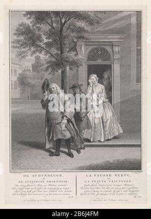 Scoperto l'apparente virtù feigned tristezza Geertruy lo schyndeugd, o il feigned tristezza la Fausse vertu, pu feinte la tristesse (oggetto titolo) Geertruy feigns tristezza quando Philibert suo marito, che dice addio sui viaggi di lavoro. Philibert ha appena il suo servo George, che corre dietro di lui, imparato che Geertruy barare su di lui con suo cugino. La cameriera Bely schernì Philibert come marito coccolato da due dita come le corna che la tengono testa. Un versetto a quattro righe in olandese e francese nel margine inferiore. Scena dal gioco Scoperto schyndeugd, David Lingelbach. Produttore : printmaker Pieter Foto Stock