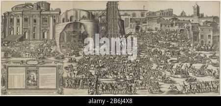 La creazione dell'obelisco in Piazza San Pietro uomini e cavalli per la Basilica di San Pietro impegnata nella creazione dell'Obelisco Vaticano (nel 1586) in Piazza San Pietro. In basso a sinistra una lista esplicativa di numeri e lettere e il ritratto di Domenico Fontana, architetto di tutto il movimento e istituzione dell'obelisco overzag. Produttore : stampatore Natale Bonifazio da Sebenico (edificio elencato) stampante: Giovanni Guerra (edificio elencato) editor: Giovanni Guerra (Proprietà elencata) fornitore di privilegio sconosciuto (proprietà elencata) Fabbricazione Del Luogo: Roma Data: 1586 caratteristiche Fisiche: Et Foto Stock