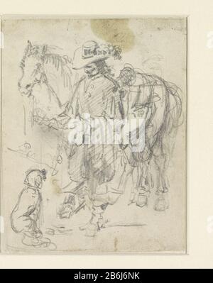 Il cavaliere e il cane Bozza prent. Produttore : Artista Adrien Joseph Verhoeven-Ball Data: Ca. 1834 - ca. 1882 caratteristiche Fisiche: Matita , verso strofinato con gesso rosso, materiale doorgegriffeld: Matita carta tecnica matita pastello: A matita dimensioni: H 104 mm × W 81 mm Oggetto: Conversazione Cavaliere, dialogo; conversazione pezzo amicizia tra uomo e animale; carezzevole, Pettingdog Foto Stock