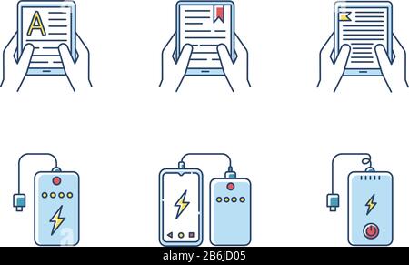 Dispositivi elettronici portatili con set di icone a colori RGB. Power bank. Batteria portatile. Dispositivo di ricarica tascabile. Mani che tengono e-reader, tablet. Digitale Illustrazione Vettoriale
