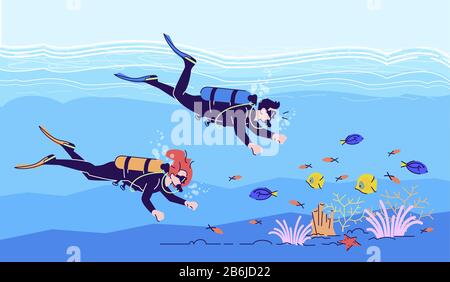 Coppia di subacquei piatto doodle illustrazione. Persone che nuotano sott'acqua. Attività dell'acqua. Sport estremi. Osservazione della vita marina. Indonesia turismo 2D Illustrazione Vettoriale