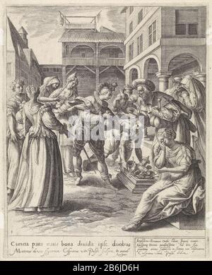 Il figlio prodigo riceve La Sua Parabola ereditaria del Figlio prodigo (titolo della serie) il figlio più giovane riceve dal padre la sua parte dell'eredità. Nel margine una didascalia e una firma a quattro righe con un'assegnazione in Latijn. Produttore : printmaker: Crispijn of Passe (i) (edificio elencato), Designed by: Marten de Vos (edificio elencato) editore: Crispijn of de Passe (i) (edificio elencato) commissionato da: Crispijn The Passe (i) (edificio elencato) assegnato a: Senate Aix-la-Chapelle (edificio elencato) Luogo produzione: Anversa Data: 1580 - 1588 caratteristiche Fisiche della vettura: Mater Foto Stock