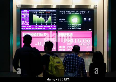 Tokyo, Giappone. 11th Mar, 2020. Le persone che indossano maschere facciali per prevenire la diffusione del coronavirus passeggiano attraverso una scheda elettronica che mostra La Media giapponese Nikkei Stock, che ha finito per -451,06 punti o 2,27 per cento per chiudere a 19.416,06 nel centro di Tokyo. Credit: Rodrigo Reyes Marin/Zuma Wire/Alamy Live News Foto Stock