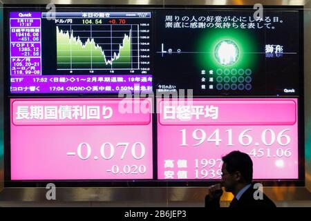 Tokyo, Giappone. 11th Mar, 2020. Un uomo passa davanti a una bacheca elettronica che mostra La Media giapponese Nikkei Stock, che ha finito per -451,06 punti o 2,27 per cento per chiudere a 19.416,06 nel centro di Tokyo. Credit: Rodrigo Reyes Marin/Zuma Wire/Alamy Live News Foto Stock