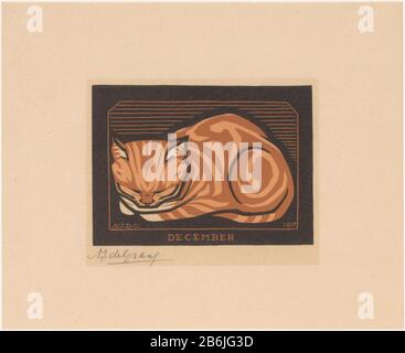 Dicembre (oggetto titolo originale) UN kat dormiente. Produttore : stampatore: Julie il simile ( personalmente firmato) Data: 1917 caratteristiche Fisiche: Legno tagliato in nero e marrone, stampato da tre blocchi materiale: Carta Tecnica: Legno tagliato dimensioni: Foglio: H 155 mm × W 191 mm Oggetto: CatDicembre; 'dicembre' (Ripa) Foto Stock
