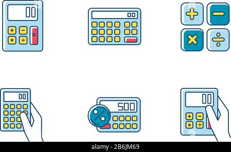 Calcolatrici tascabili Set di icone a colori RGB. Calcolo matematico. Conteggio rapido. Piccoli gadget elettronici. Contabilità. Finanza. Tecnologia. Mobile Illustrazione Vettoriale