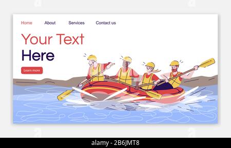 Modello vettoriale della landing page del rafting sul fiume. Attività estrema. Persone in zattera. Indonesia turismo sito web interfaccia idea con illustrazioni piatte Illustrazione Vettoriale