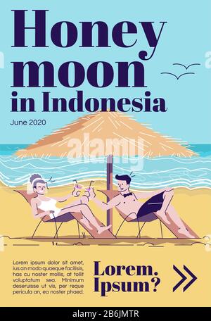 Luna di miele in Indonesia rivista copertina modello. Coppia sposata sulla spiaggia. Bali resort. Disegno di mockup del giornale. Layout di pagina vettoriale con carattere piatto Illustrazione Vettoriale