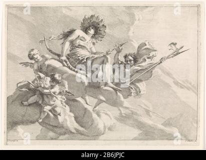 Diana con arco e freccia su una nuvola biblica, mitologica e allegorica (titolo della serie) Diana seduta su una nuvola, arco e freccia in mano. È circondata da due putti e da un uomo con un'ascia e una lancia. La stampa fa parte di una serie di voorstellingen bibliche, mitologiche e allegoriche. Produttore : stampatore John Glauber (edificio elencato), progettato da Gerard de Lairesse (edificio elencato) Editore: Leonard Schenk (possibile) Luogo di produzione: Stampatore editore sconosciuto: Amsterdam Data: 1656 - 1726 caratteristiche Fisiche: Acquaforte; materiale di prova: Tecnica della carta: Dimensioni di incisione: PLA Foto Stock