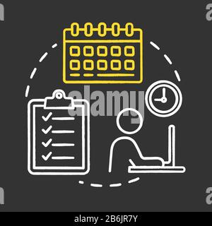 Periodo di pianificazione gesso RGB icona di concetto di colore. Controllo calendario. Uomo d'affari che si occupa di autoedilizia. Lista di controllo per il progetto. Pianificazione dell'idea di lavoro. Vettore isolato Illustrazione Vettoriale