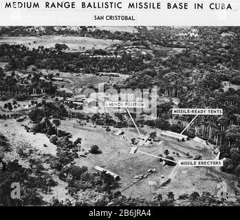 CRISI MISSILISTICA CUBANA OTTOBRE 1962. Foto di ricognizione degli Stati Uniti 23 ottobre che mostra missili balistici in costruzione nella zona di San Cristobal. Foto Stock
