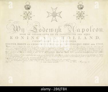Qualifiche per la nomina di Cavaliere Dell'Ordine dell'Unione, circa 1809 qualifica ufficiale per la nomina di Cavaliere Dell'Ordine reale dell'Unione, ca. 1809. Diploma stampato Dove: Non compilato il nome e le date. Immagini superiori della parte anteriore e posteriore della grande croce e draagteken ricamati. Produttore : stampatore: Anonimo luogo produzione: Olanda Data: 1807 - 1809 caratteristiche Fisiche: Incisione ed engra su materiale di vellum: Pergamena Tecnica: Incisione / engra (processo di stampa) dimensioni: Foglio: H 384 mm × W 480 mm Oggetto: Knighthood Ordine quando: 1807 - 1809Wie: ORD Foto Stock