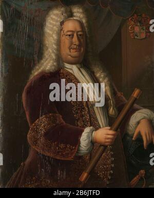 Dirck van Cloon (1730-1735) Ritratto del Governatore Generale Dirk van Cloon, SK-A-3776 Dirk van Cloon (1730-1735) Ritratto del Governatore Generale Dirk van Cloon Tipo Oggetto : Pittura numero articolo: SK-A-3776 Iscrizioni / marchi: Firma e data in basso a sinistra: 'HK van den Bosch At Batavia Fecit 1733 'Descrizione: Ritratto di Dirck van Cloon (1684-1735). Governatore Generale (1730-35). In piedi a metà lunghezza a destra. Comanda Il Personale nella mano destra, con il braccio sinistro appoggiato su un casco su un tavolo. In alto a destra lo stemma della famiglia. Parte di una serie di ritratti dei governatori generali dell'ex olandese Foto Stock