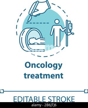 Icona Oncology Treatment Concept. Chemioterapia, trattamento chirurgico e radiologico del cancro. Illustrazione della linea sottile dell'idea di cura del tumore. Vettore isolato Illustrazione Vettoriale