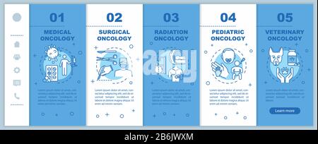 Modello vettore onboarding oncologia. Trattamento chirurgico e di radioterapia del cancro. Sito Web mobile reattivo con icone. Oncologia medica e veterinaria Illustrazione Vettoriale