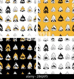 Set di motivi vettoriali luminosi senza giunture con illustrazioni di falò isolate su sfondo bianco, nero e dorato. Bianco e nero. Stampa su tessuto Illustrazione Vettoriale