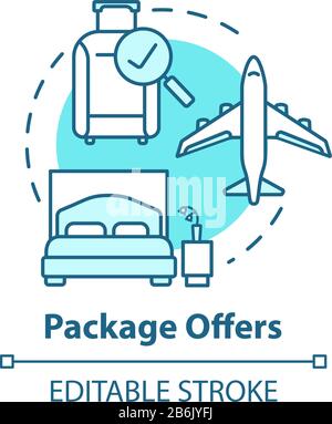 Il pacchetto offre l'icona concetto. Economico, tutto compreso tour idea sottile linea illustrazione. Trasporto e sistemazione inclusi. Vettore Illustrazione Vettoriale