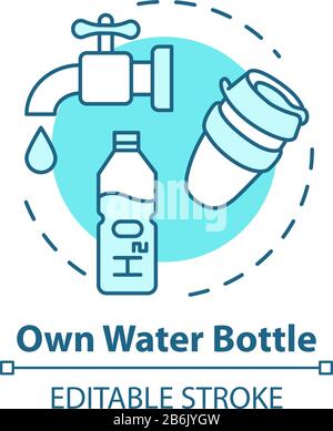 Icona del concetto di bottiglia d'acqua. Bevanda economica, idea di viaggio conveniente sottile linea illustrazione. Fornitura di acqua pulita personale, bevande a buon mercato. Vettore Illustrazione Vettoriale