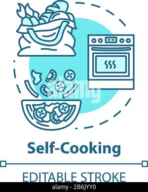 Icona del concetto di cottura automatica. Basso costo mangiare, self catering idea sottile linea illustrazione. Preparare la cena con prodotti economici. Contorno isolato del vettore Illustrazione Vettoriale