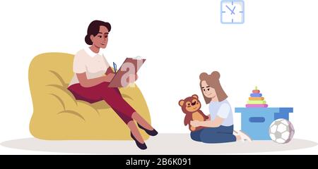 Sessione di terapia infantile immagine vettoriale RGB semi-piatta. Psicologo femminile e ragazza teen. Psicologia comportamentale. Consultazione psicologica Illustrazione Vettoriale