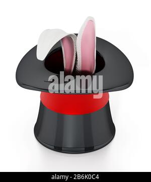 Cappello illusionista e orecchie di coniglio isolato su sfondo bianco. Figura 3D. Foto Stock