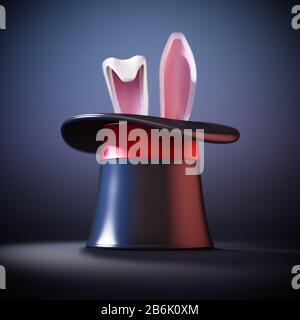 Cappello illusionista e orecchie di coniglio su sfondo nero. Figura 3D. Foto Stock