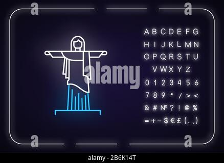 Icona della luce al neon del Cristo Redentore. Cristo Redentor. Statua di Rio de Janeiro. Famoso punto di riferimento. Effetto incandescente esterno. Firma con alfabeto, numeri e. Illustrazione Vettoriale