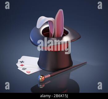 Cappello illusionista, bastone, carte da gioco e orecchie di coniglio su sfondo nero. Figura 3D. Foto Stock