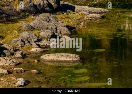 Rocce e alghe verdi nel lago di montagna, Seven Lakes Valley Foto Stock