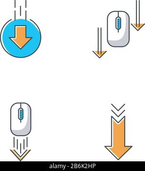 Mouse per computer e frecce icone colori RGB impostate. Indicatori di scorrimento verso il basso e di caricamento. Tasti di navigazione dell'interfaccia delle frecce. Cursore pagina sito Web Illustrazione Vettoriale