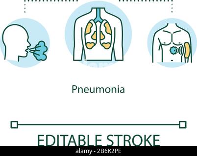 Icona del concetto di polmonite. Polmoni non sani. Bronchi infiammati. Malattia respiratoria. Malattia in trachea idea sottile linea illustrazione. Vettore isolato Illustrazione Vettoriale